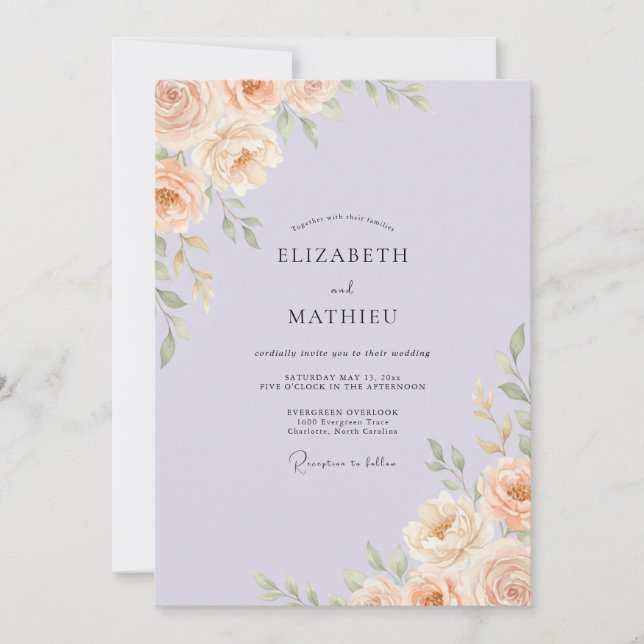 Apricot Periwinkle Peony Wedding Invitation (Front)