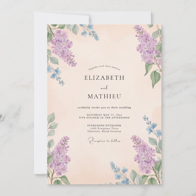 Apricot Periwinkle Wisteria Wedding Invitation (Front)
