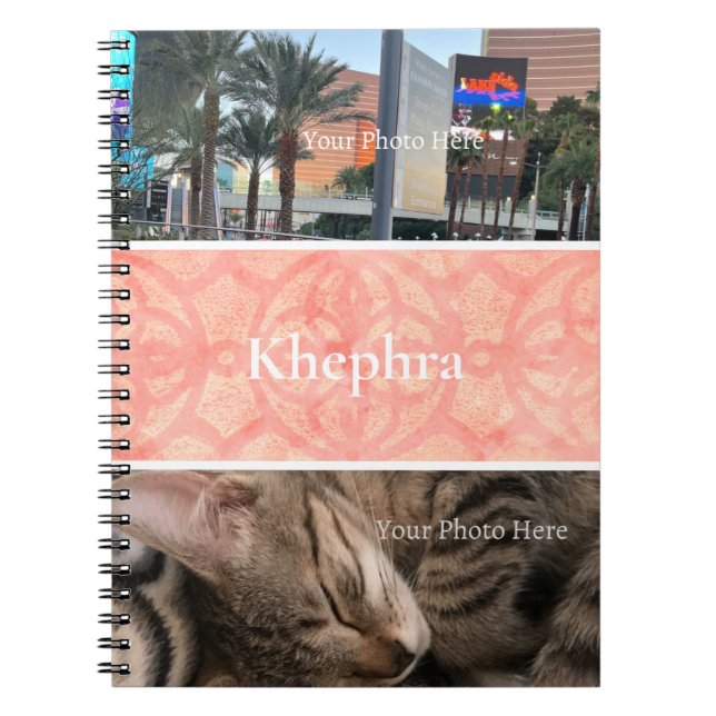 Apricot Pink Batik Photo Collage, Border, Name Notebook (Front)