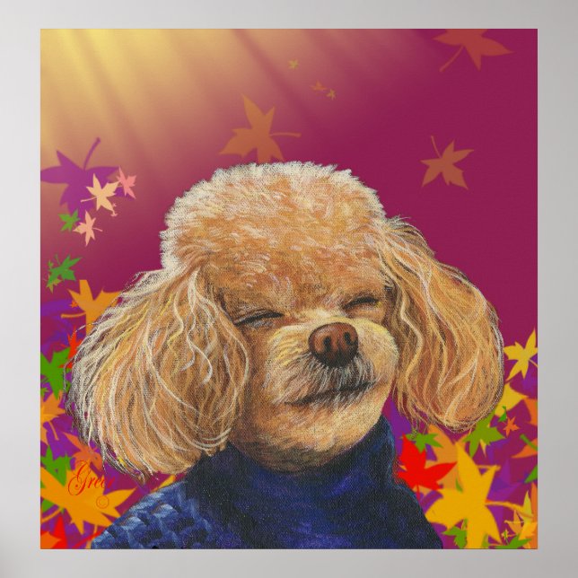 Apricot Poodle & Fall Leaves Poster Print (Front)