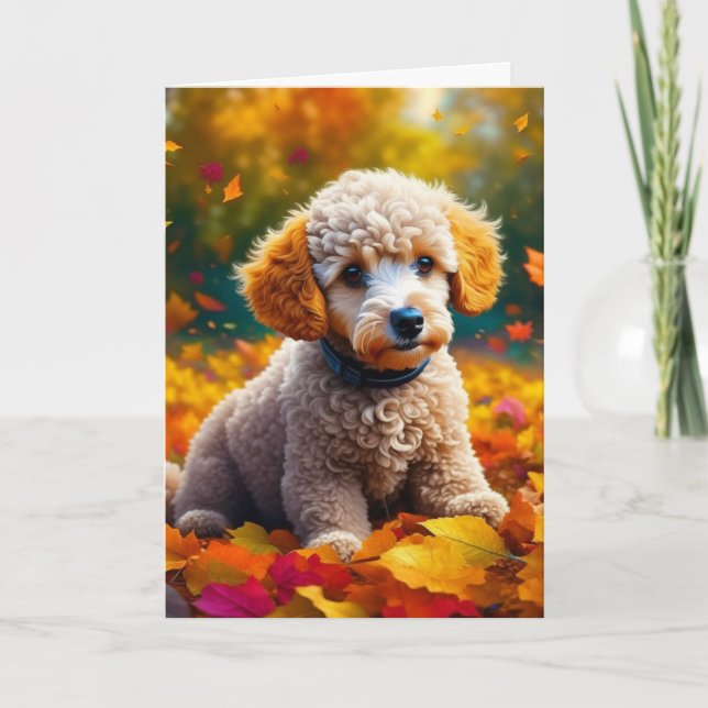 Apricot Poodle Puppy in Fall Leaves Blank Card (Front)