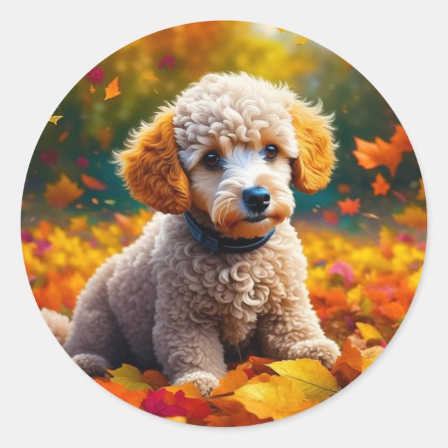 Apricot Poodle Puppy in Fall Leaves Classic Round Sticker (Front)