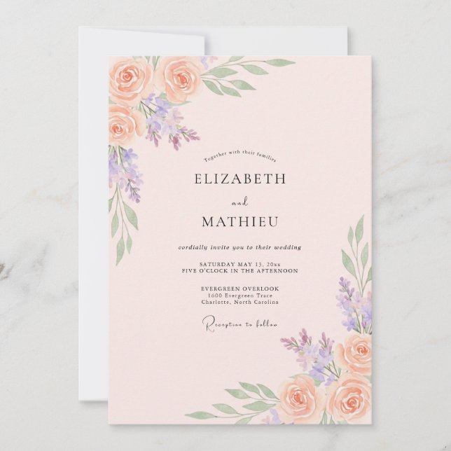 Apricot Purple Peony Wedding Invitation (Front)
