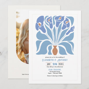 Apricot & Sky Blue Abstract Floral Boho Wedding Invitation