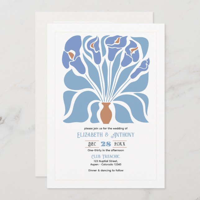 Apricot & Sky Blue Abstract Floral Boho Wedding Invitation (Front/Back)