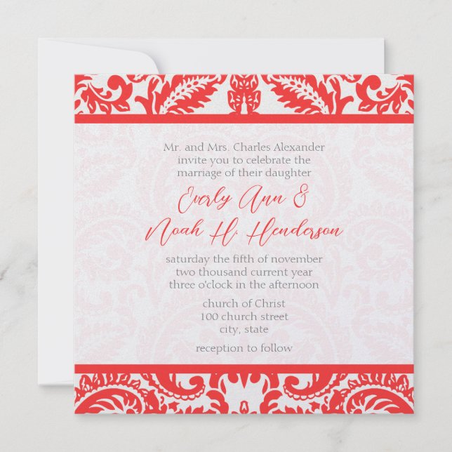 Apricot Snapdragon Coral Damask Gray Green Wedding Invitation (Front)
