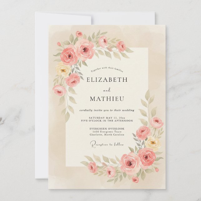 Apricot Soft Botanical Wedding Invitation (Front)