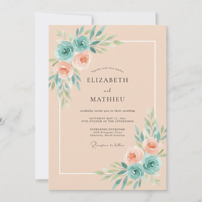 Apricot Turquoise Bloom Wedding Invitation (Front)