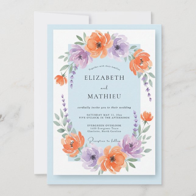Apricot Violet Ranunculus Eucalyptus Wedding Invitation (Front)