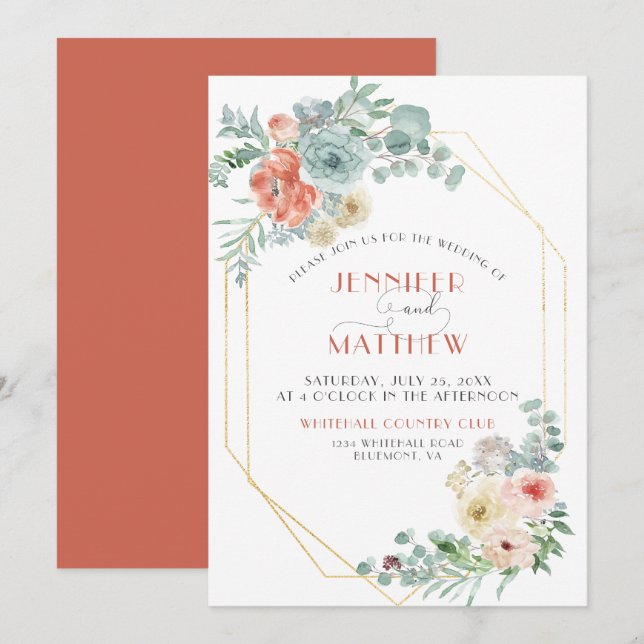 Apricot Wasabi Green Gold Geometric Floral Wedding Invitation (Front/Back)
