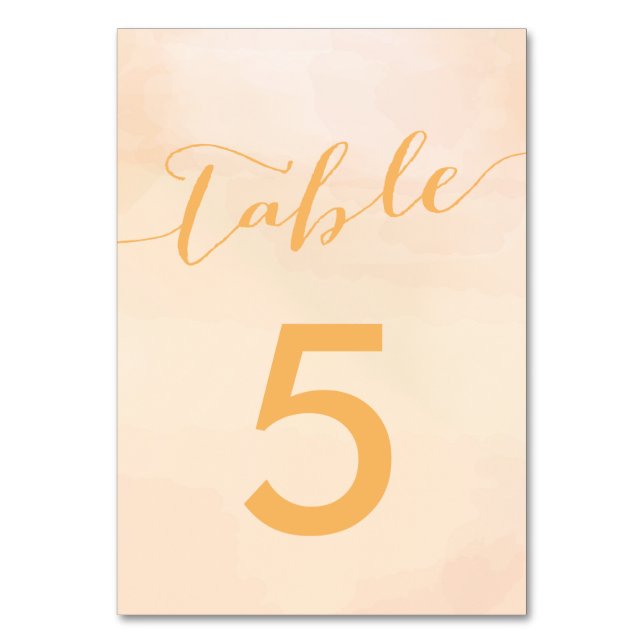 Apricot Watercolor Wedding Table Number Cards (Front)