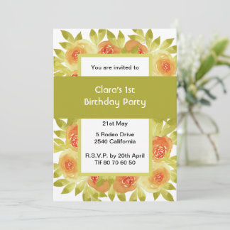 Apricot Watercolour Roses Green Party Invitation