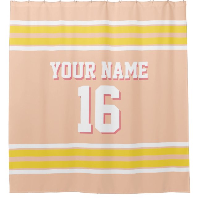 Apricot with Yellow White Stripes Sports Jersey Shower Curtain (Front)