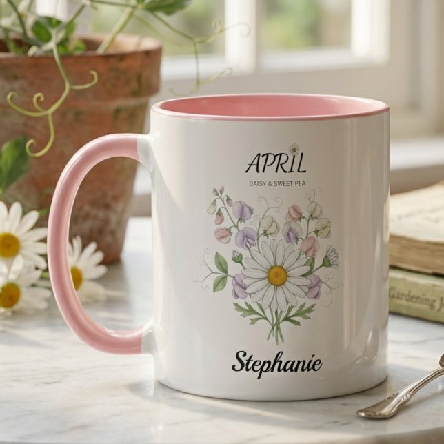 April Birth Flower Botanical Sister Birthday Gift Mug (Soft Daisy Birth Flower – Personalized April Gift)