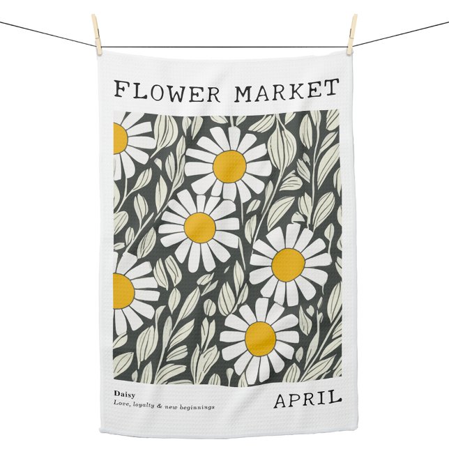 April Birth Flower Market White Daisy Floral Print Tea Towel (Personalized April Birth Flower Market Kitchen Towel, Custom Floral Print Kitchen Towel, Daisy Print)