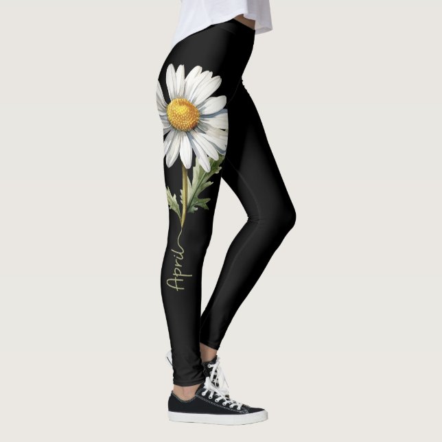 April Birth Flower, White Daisy on Black Leggings (Right)
