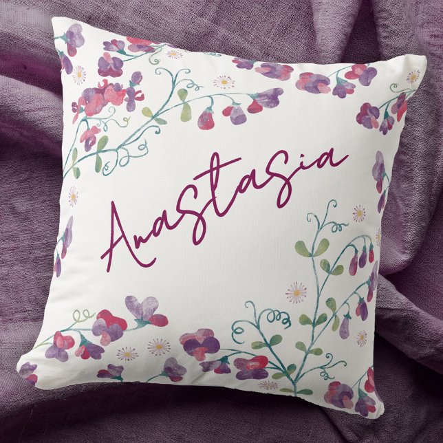 April Birth Month Sweet Pea Daisy Personalized Cushion (April birthday birth month flower personalized custom name watercolor sweet pea daisy throw pillow)