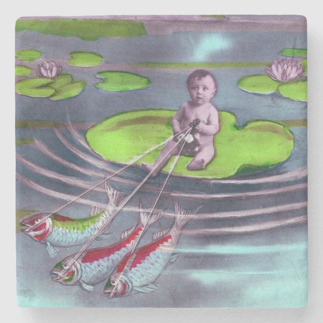 April Fool Vintage French Postcard  Stone Coaster (Front)