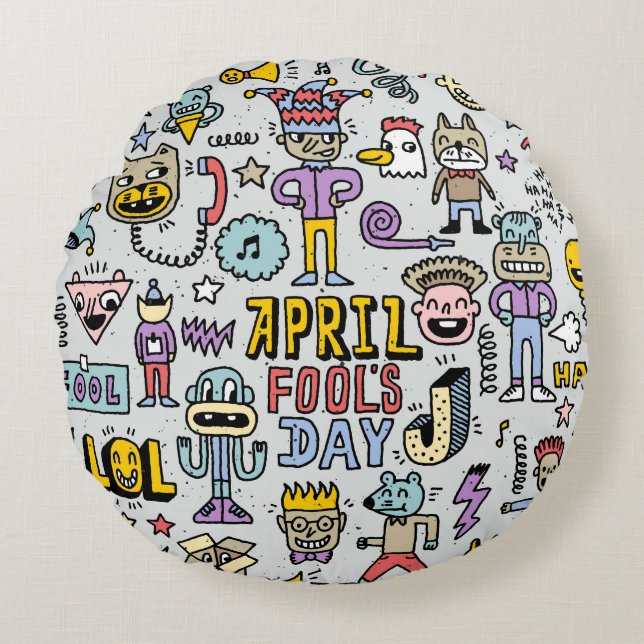April Fools: Colourful Doodle Set. Round Cushion (Front)