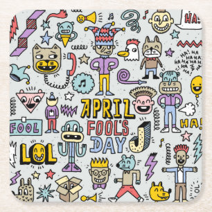 April Fools: Colourful Doodle Set. Square Paper Coaster