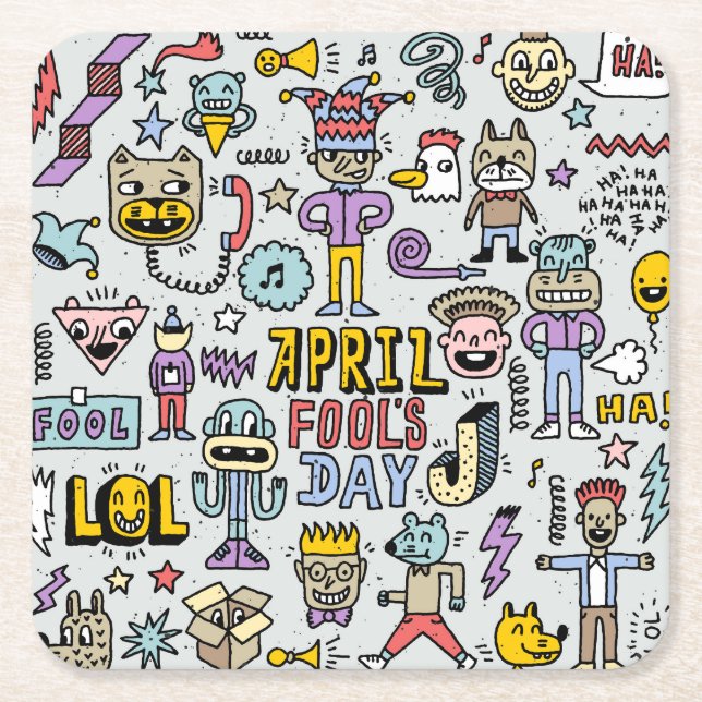 April Fools: Colourful Doodle Set. Square Paper Coaster (Front)