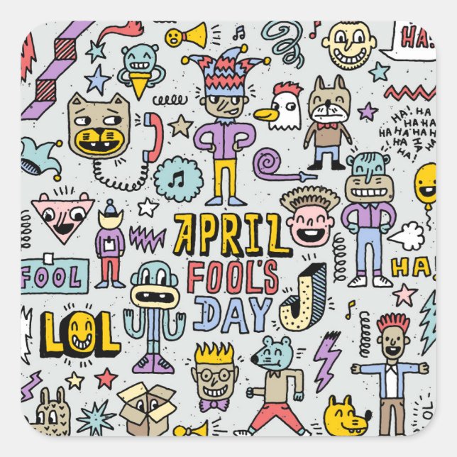 April Fools: Colourful Doodle Set. Square Sticker (Front)
