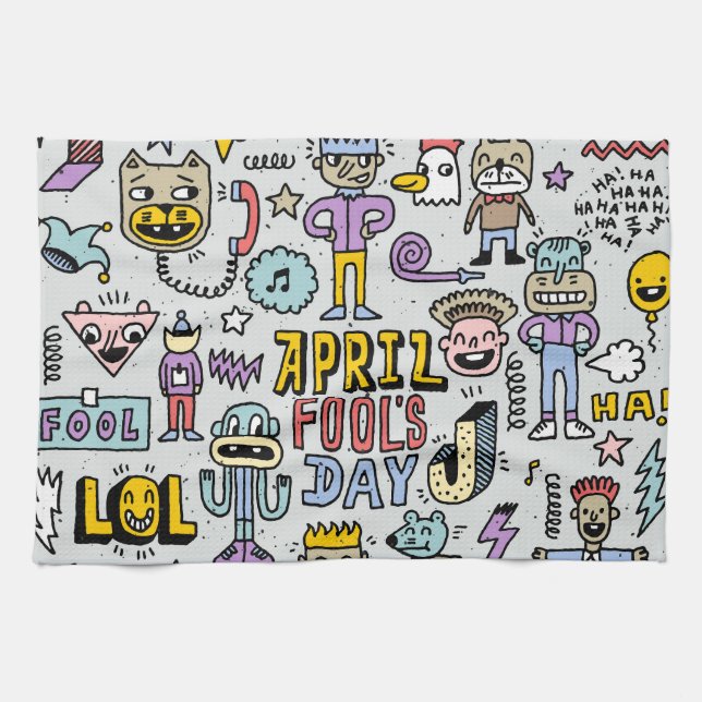 April Fools: Colourful Doodle Set. Tea Towel (Horizontal)