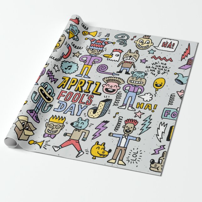 April fools day funny doodle colourful set 1. Vint Wrapping Paper (Unrolled)