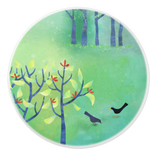 April Modern Green Landscape Nature Painting Ceramic Knob