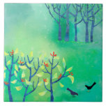 April Modern Green Landscape Nature Painting Ceramic Tile<br><div class="desc">Painting of two blackbirds in a green field in spring. A hedgerow is coming into leaf and scattered with blossom,  and in the background are some trees at the edge of the forest.</div>