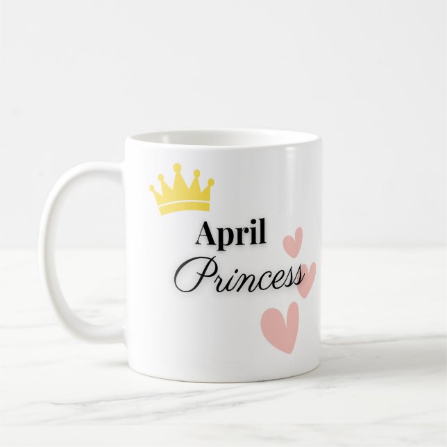 April Princess Mug – Gold Crown & Hearts Design (Left)