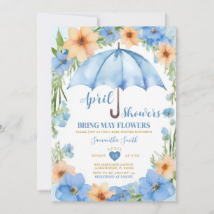 April Showers Bring May Flowers Blue Umbrella Invitation
