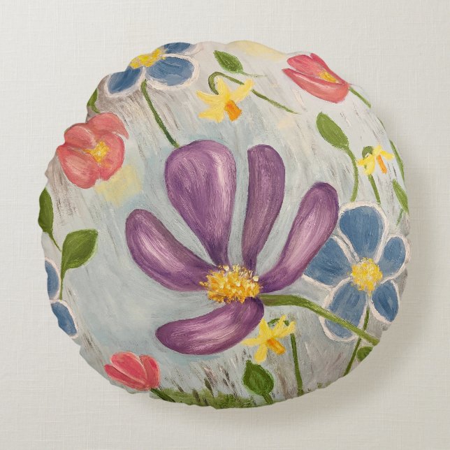 April Showers. Colourful, Abstract Floral Round Cushion (Front)