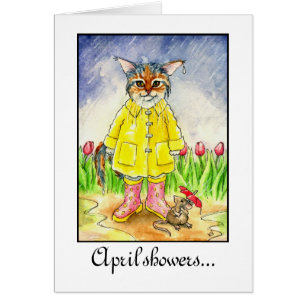 April Showers wet cat in rainstorm card