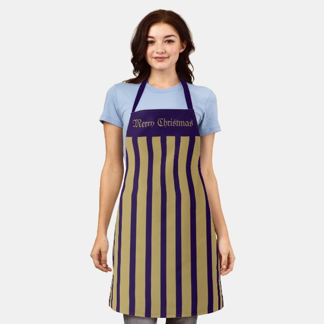 Apron Cafe Purple and Gold Stripe Merry Christmas (Worn)