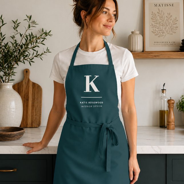 Apron | Teal Initial Name Custom Business Workwear (Teal initial name apron for cafes, spas, salons, makers, and modern staff workwear.)