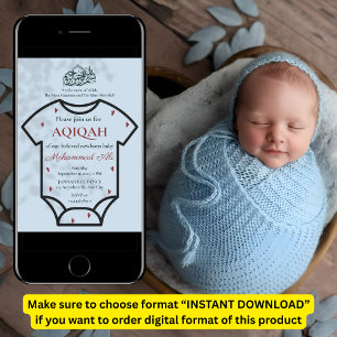 Aqiqah Blue Bodysuit Baby Boy Muslim Islamic Invitation