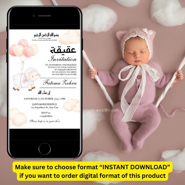 Aqiqah Cute Pink Sheep Balloon Baby Girl Muslim Invitation (Creator Uploaded)