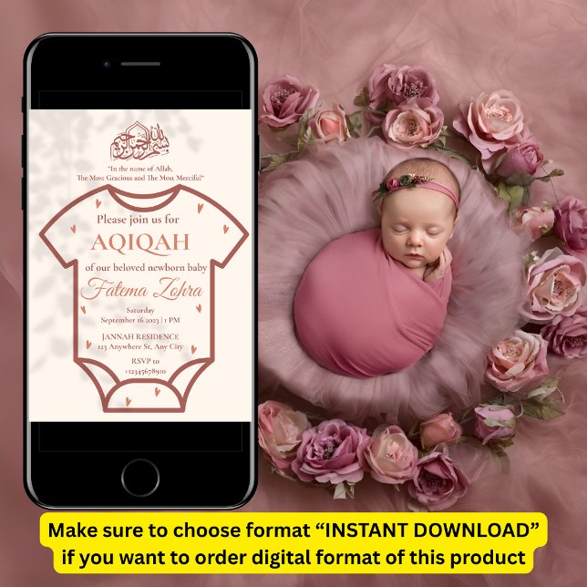 Aqiqah Pink Bodysuit Baby Girl Muslim Islamic Invitation (Creator Uploaded)