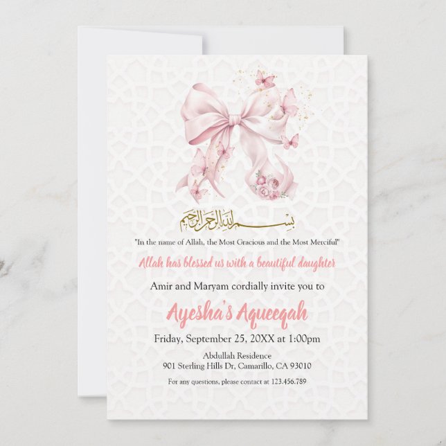 Aqiqah Pink Bow Girl Invitation (Front)