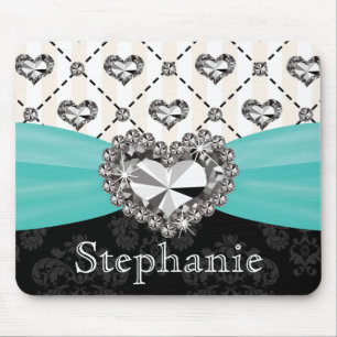Aqua and Black Damask Diamond Mouse Pad Rhinestone