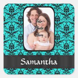 Aqua and black damask square sticker