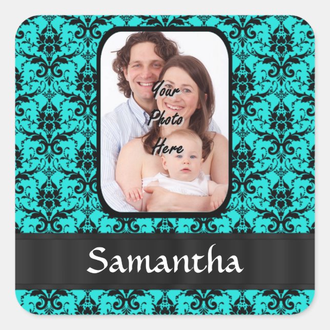 Aqua and black damask square sticker (Front)