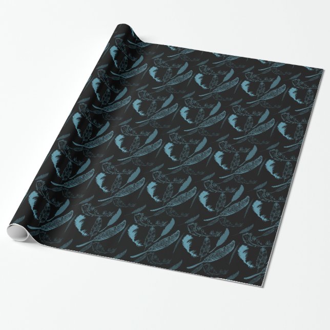 Aqua and Black Feathers Wrapping Paper (Unrolled)
