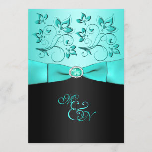 Aqua and Black Floral II Monogram Invitation
