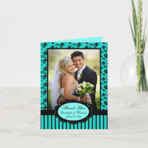 Aqua and Black Floral Photo Thank You Card