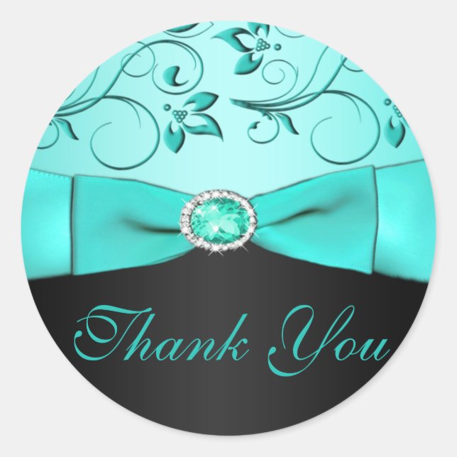 Aqua and Black Floral Thank You Wedding Sticker (Front)