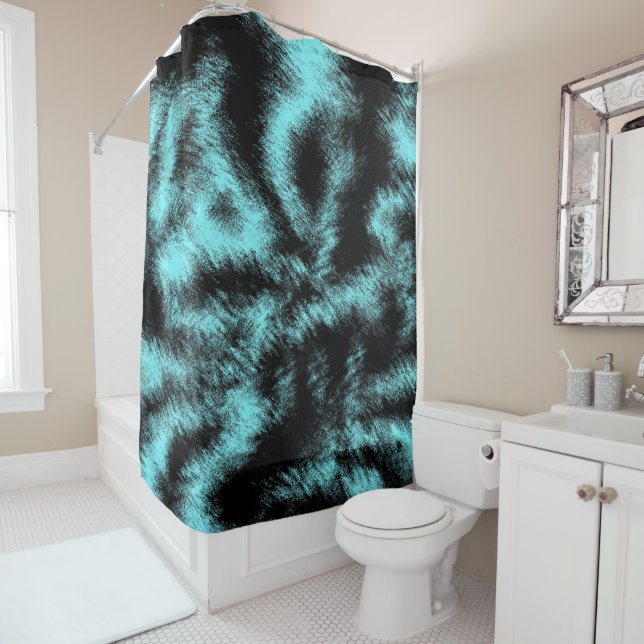 Aqua and Black Modern Art Shower Curtain (In Situ)
