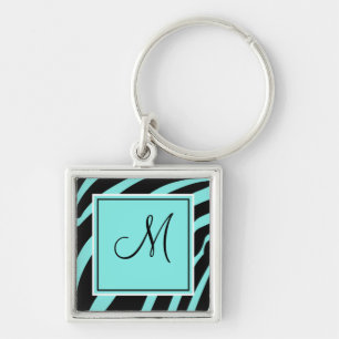 Aqua and Black Monogram Zebra Print Keychain
