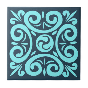Aqua and Black on Blue Intricate Floral pattern Ceramic Tile